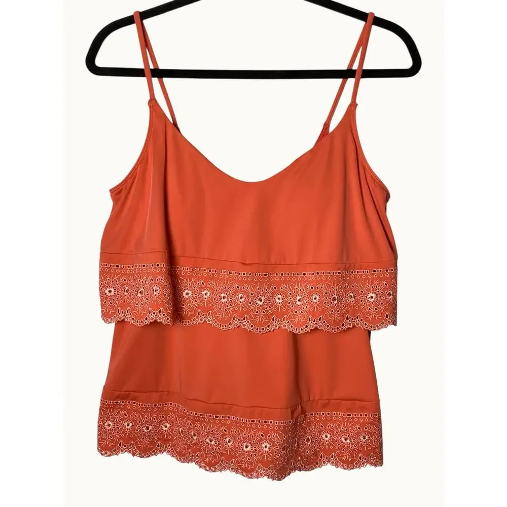 Women’s Tankini Swim Top Coral Pink Eyelet Lace Ruffle Padded Strappy 14”